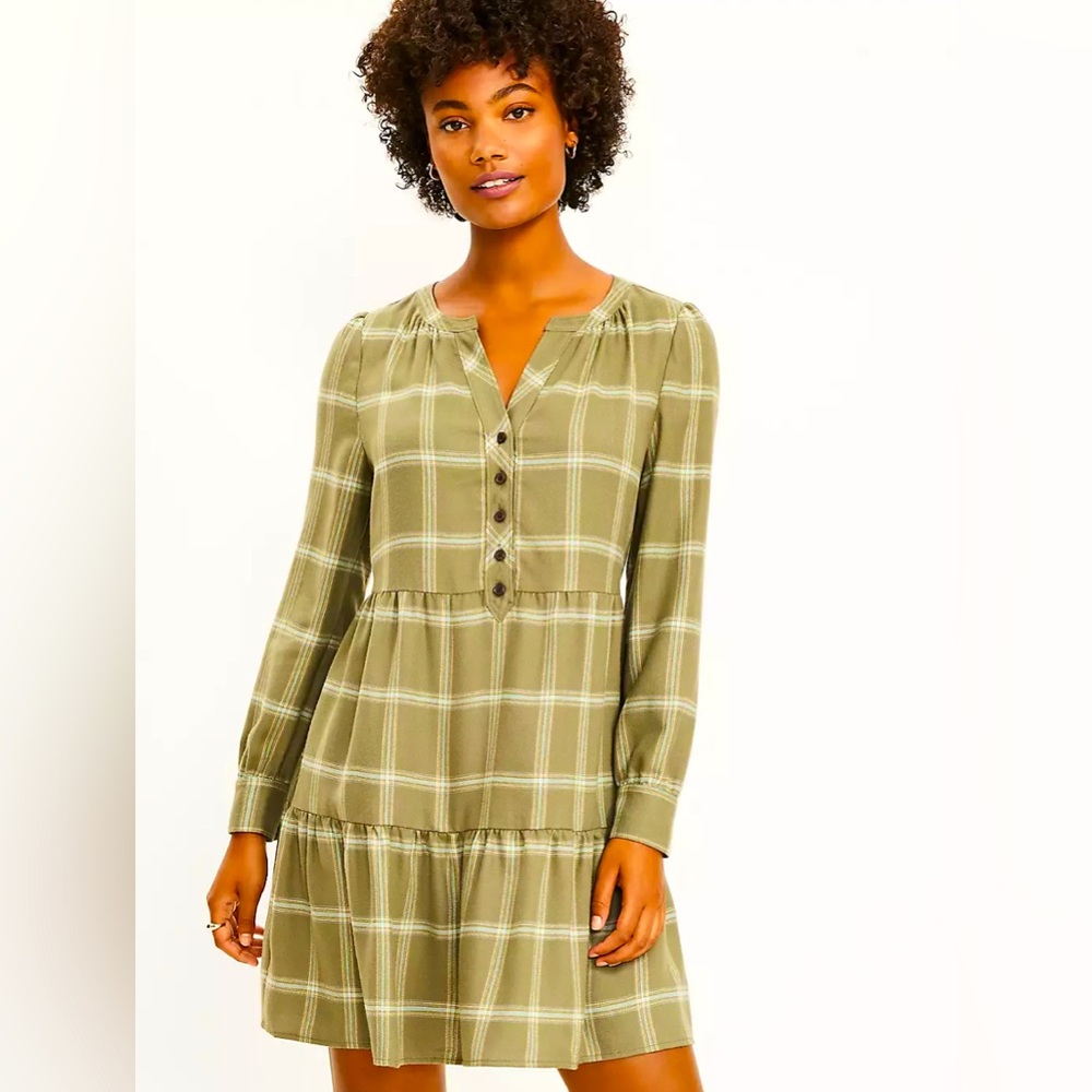 LOFT Plaid Tiered Front Button Long Sleeve Button Cuff Warm Thick Flowy Dress